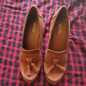 NWT Faux Suede Cognac Tassel Wedge Loafers